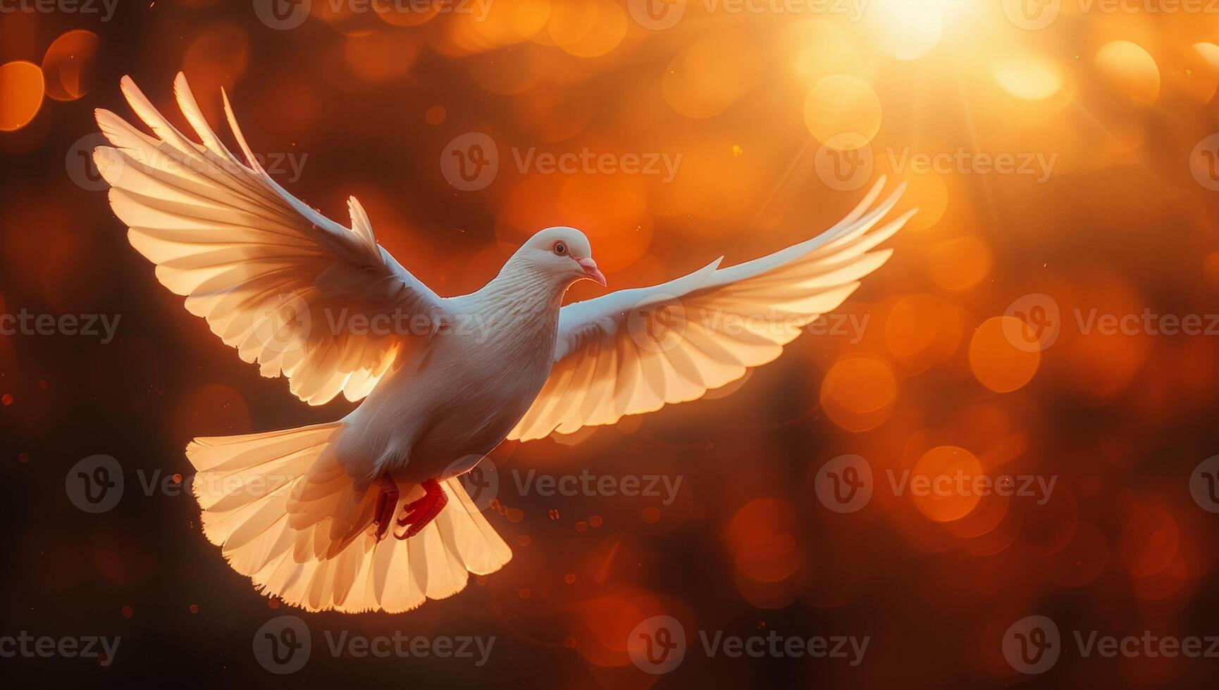 ai generato colomba volante nel il aria con tramonto leggero bokeh sfondo foto