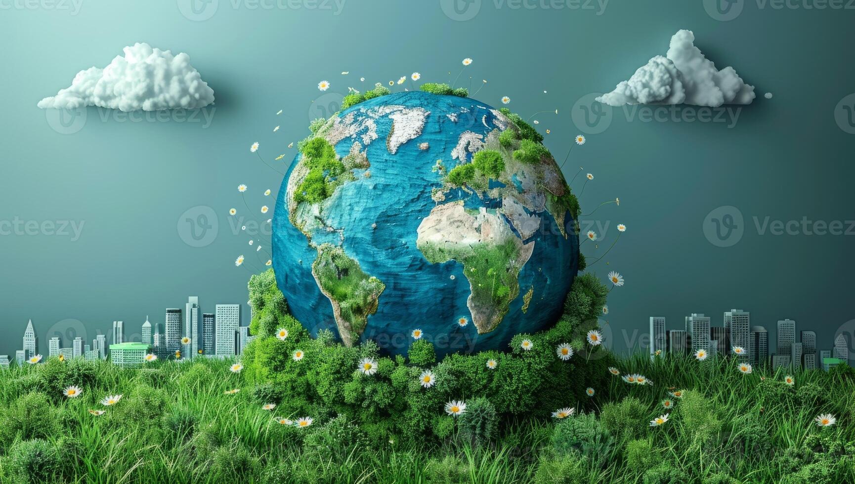 ai generato salutare pianeta terra con verde erba, paesaggio urbano silhouette, nuvole e volante semi. ambientale protezione e sostenibilità concetto. foto
