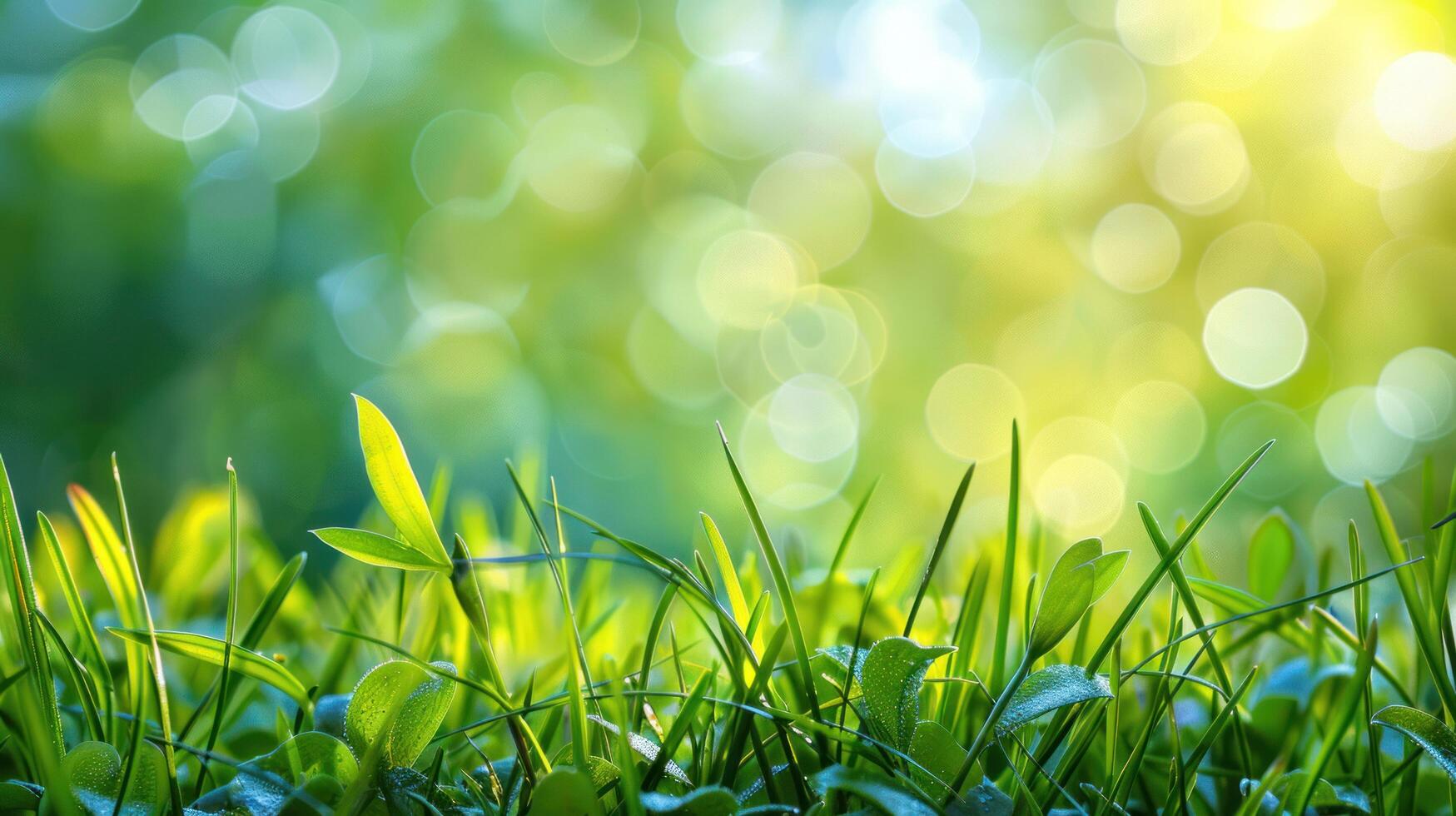 ai generato fresco, verde primavera erba crogiolarsi nel luce del sole, con un' sfocato cielo nel il sfondo foto