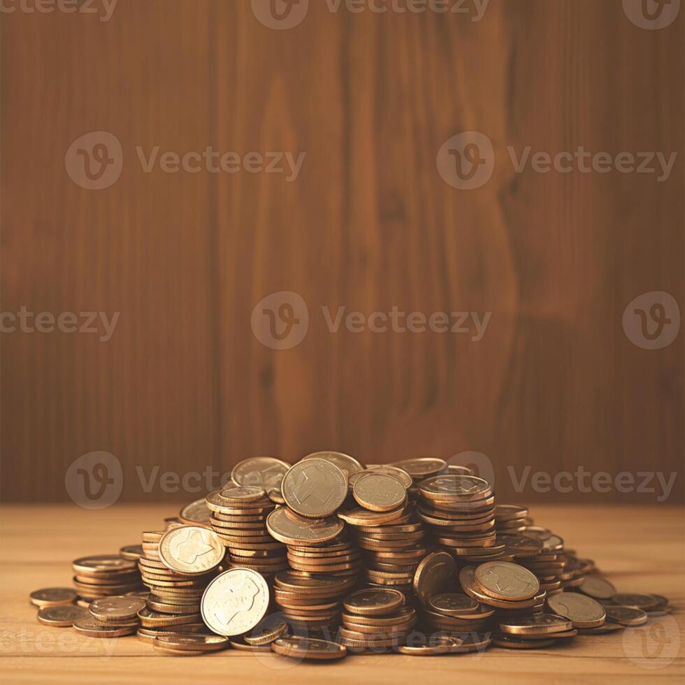 ai generato finanziario messa a fuoco mucchio di monete su di legno tavolo con testo spazio per sociale media inviare dimensione foto
