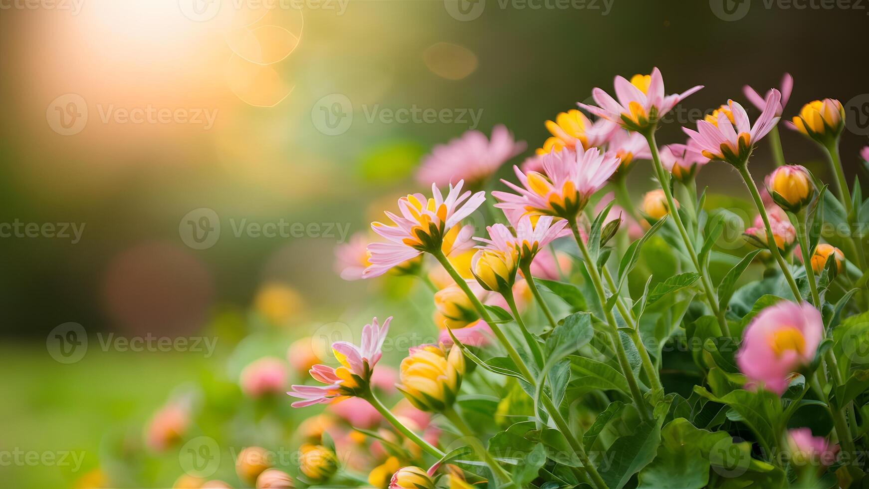 ai generato giardinaggio bokeh sfondo punti salienti estate fiori nel morbido leggero foto