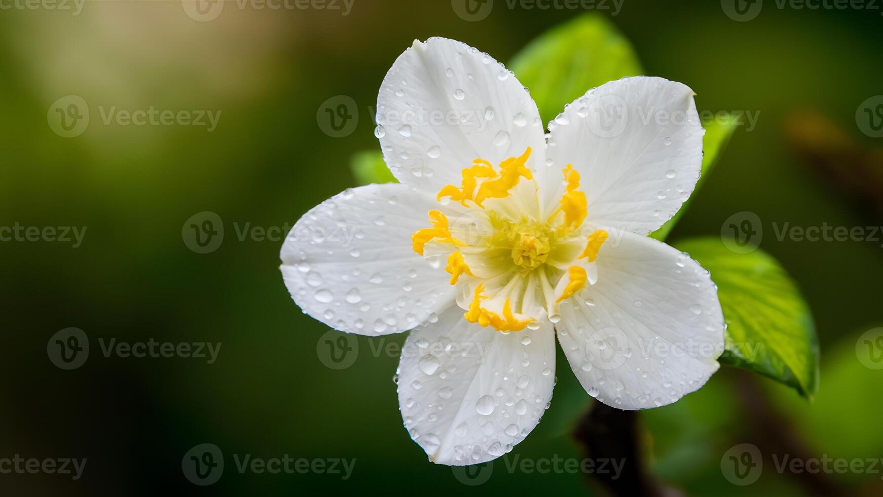 ai generato gelsomino fiore con rugiada gocce su sfocato verde sfondo foto