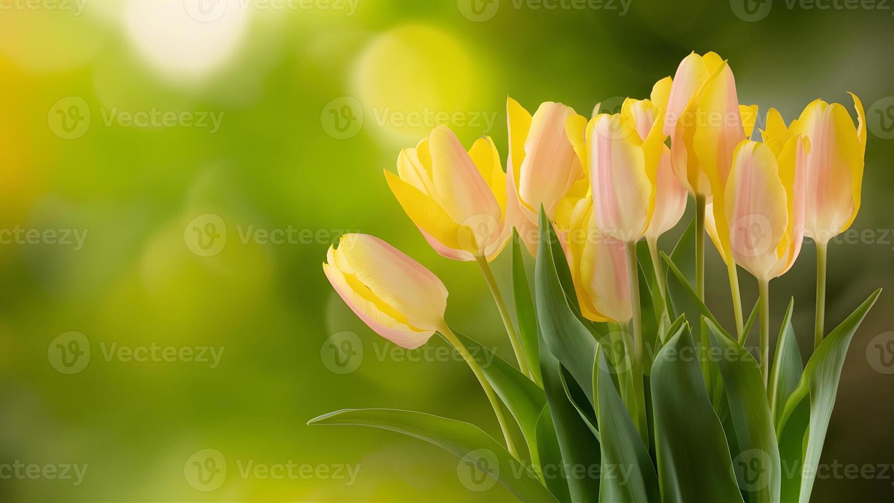 ai generato sfocato natura verde sfondo complementi giallo tulipani mazzo foto