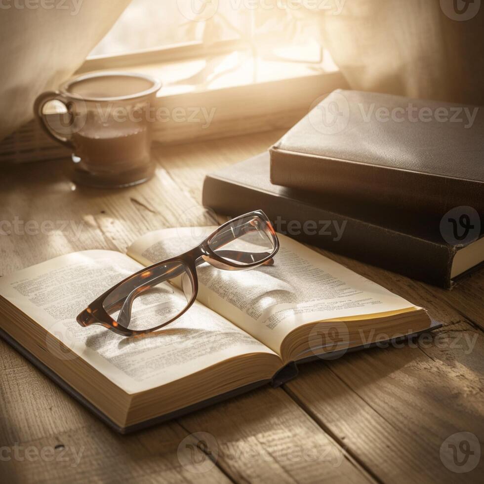 ai generato lettura umore occhiali e libri su un' di legno tavolo, Vintage ▾ per sociale media inviare dimensione foto