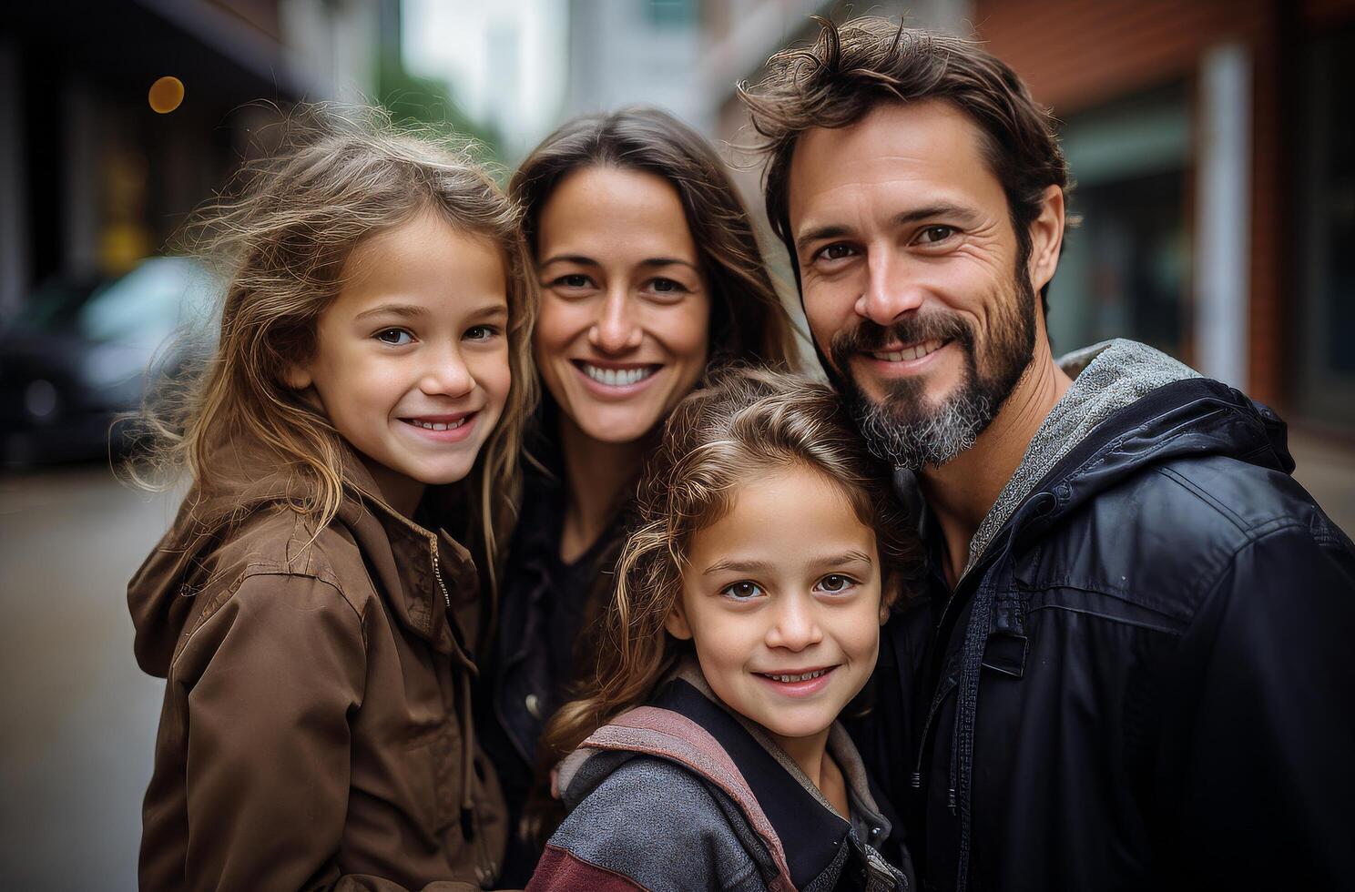 ai generato famiglia nel un urbano strada Sorridi insieme, grigio e Marrone foto