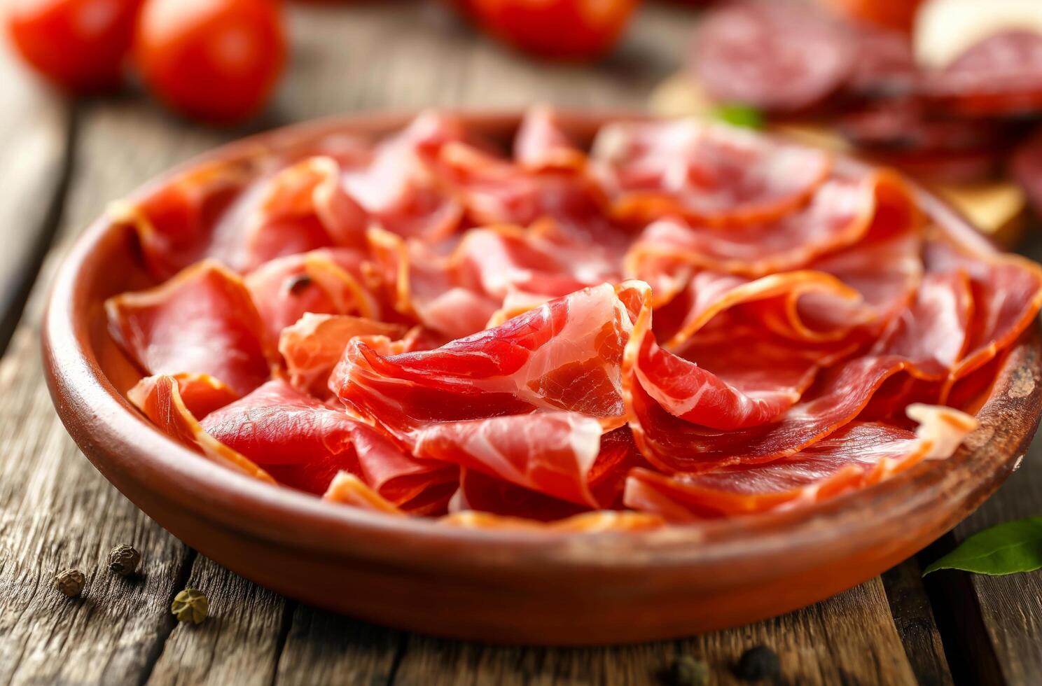 ai generato affettato prosciutto su terracotta foto