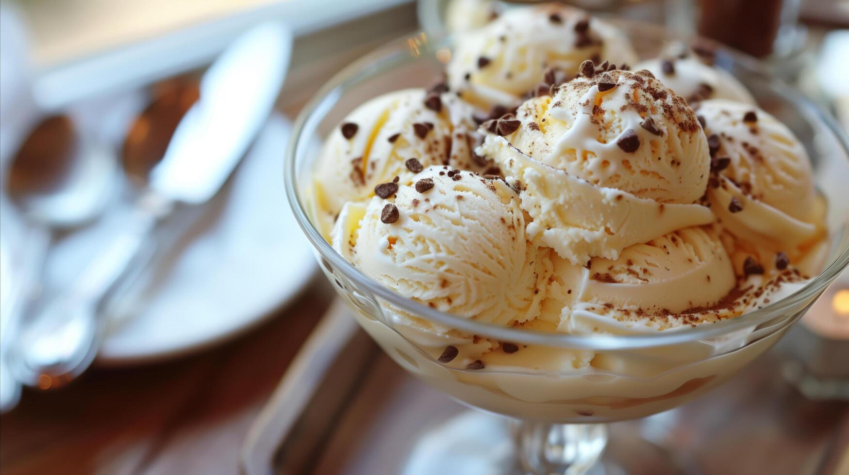 ai generato delizioso vaniglia ghiaccio crema cosparso con cioccolato patatine fritte foto