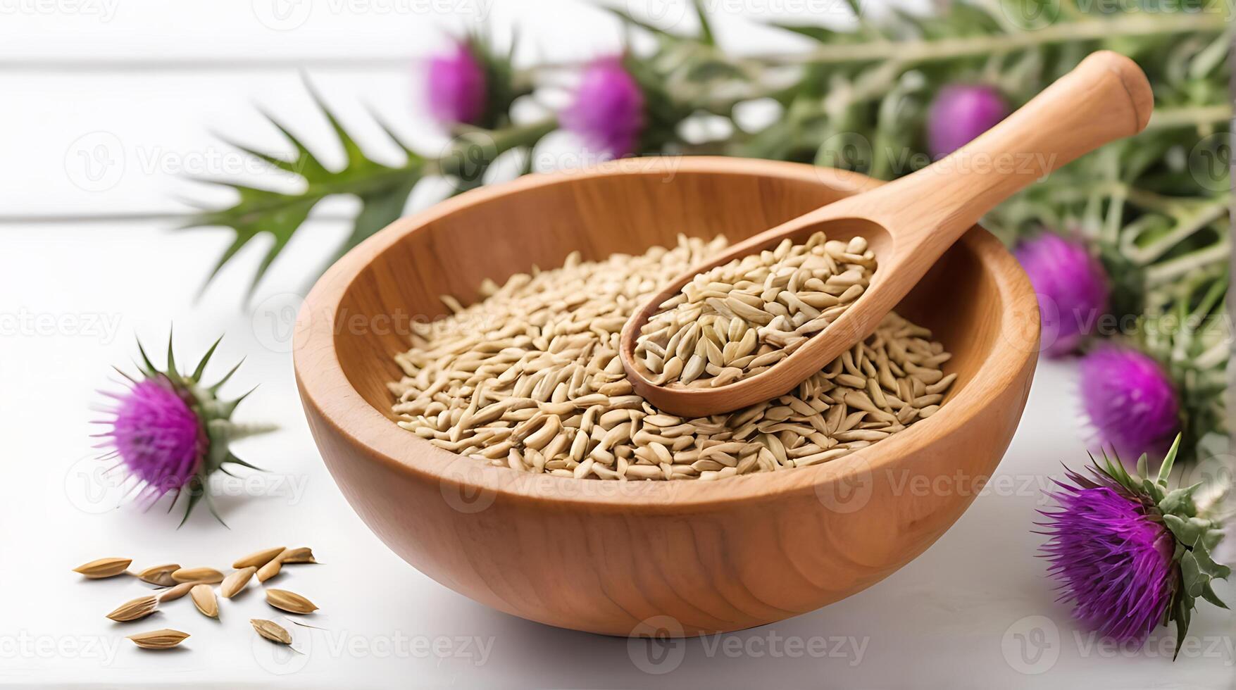 ai generato medicinale impianti latte cardo semi nel un' di legno ciotola su un' bianca sfondo foto