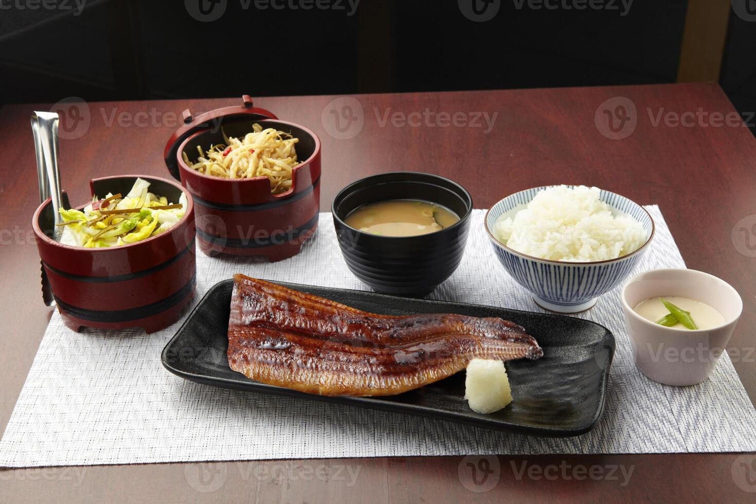 unagi riso impostato servito nel un' piatto isolato su di legno tavolo sfondo lato Visualizza di Singapore cibo foto
