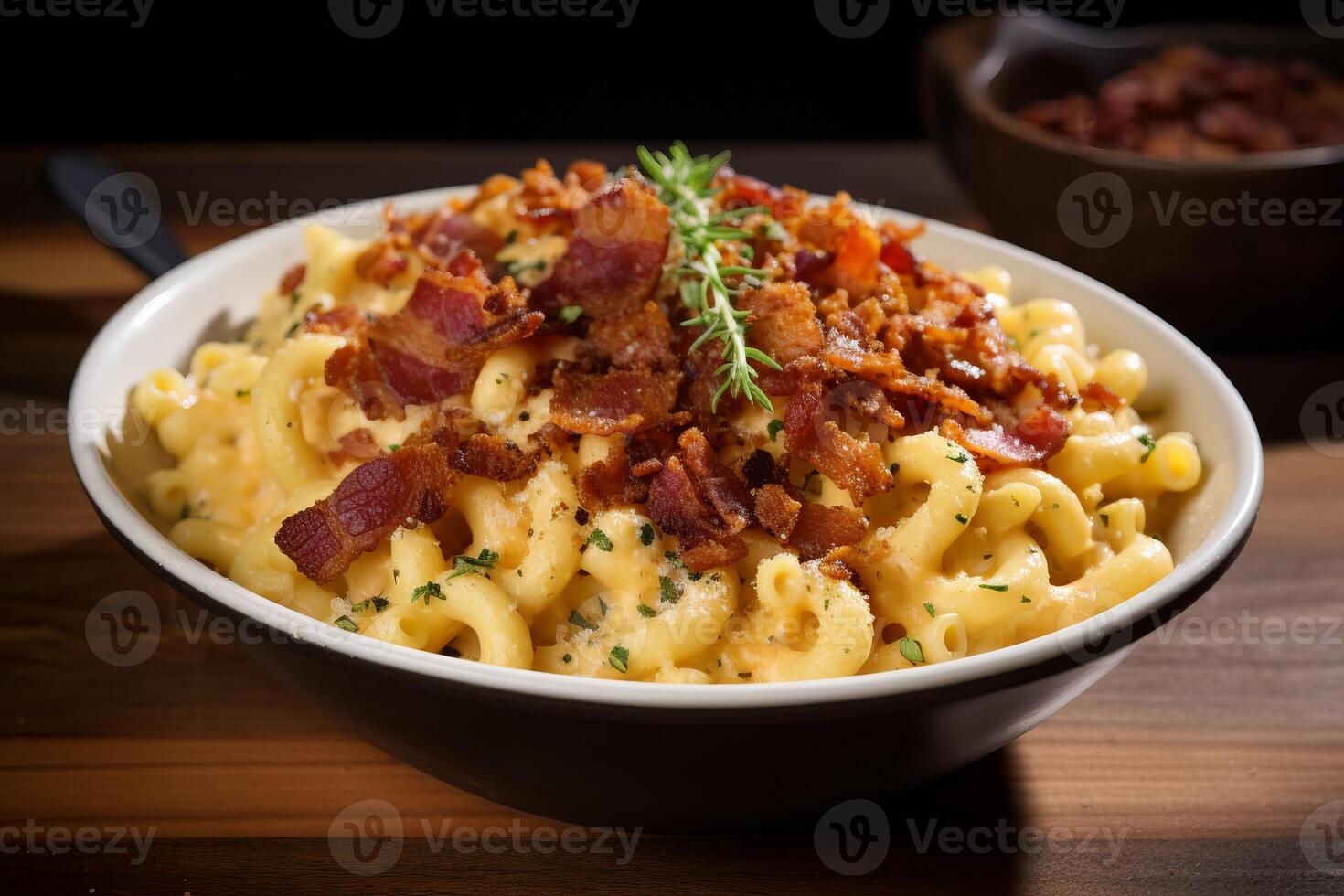 ai generato buongustaio maccheroni e formaggio sormontato con croccante Bacon. generativo ai foto