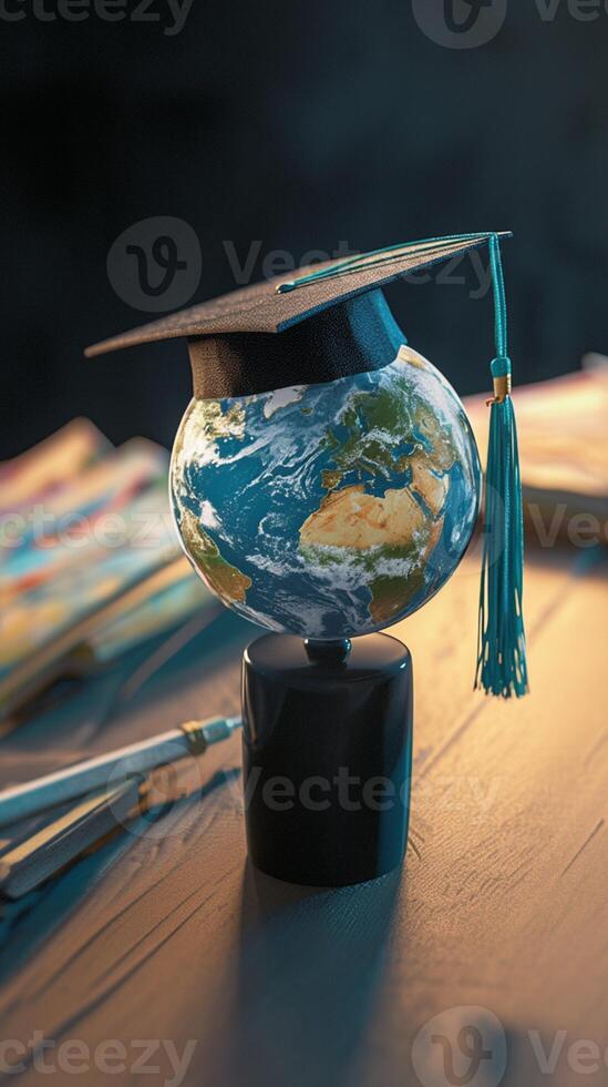 ai generato In tutto il mondo attività commerciale studia la laurea berretto con terra globo concetto verticale mobile sfondo foto