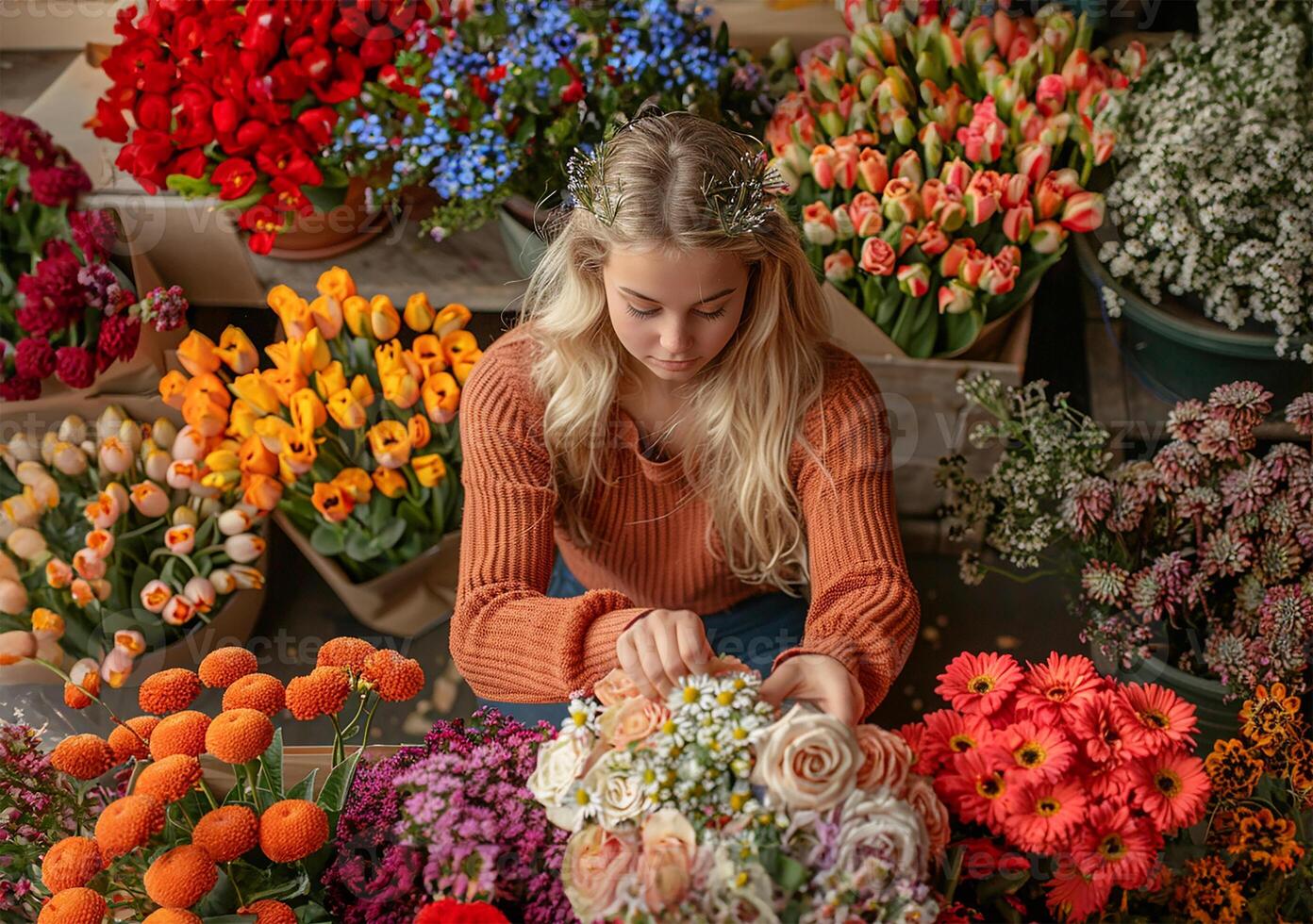 ai generato giovane biondo con fiore mazzo foto