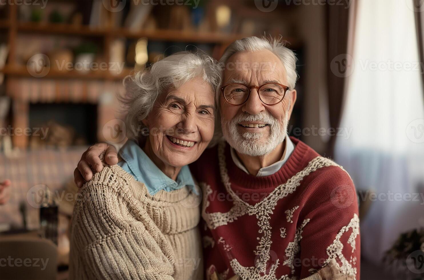 ai generato gioioso anziano coppia, felicemente sorridente foto