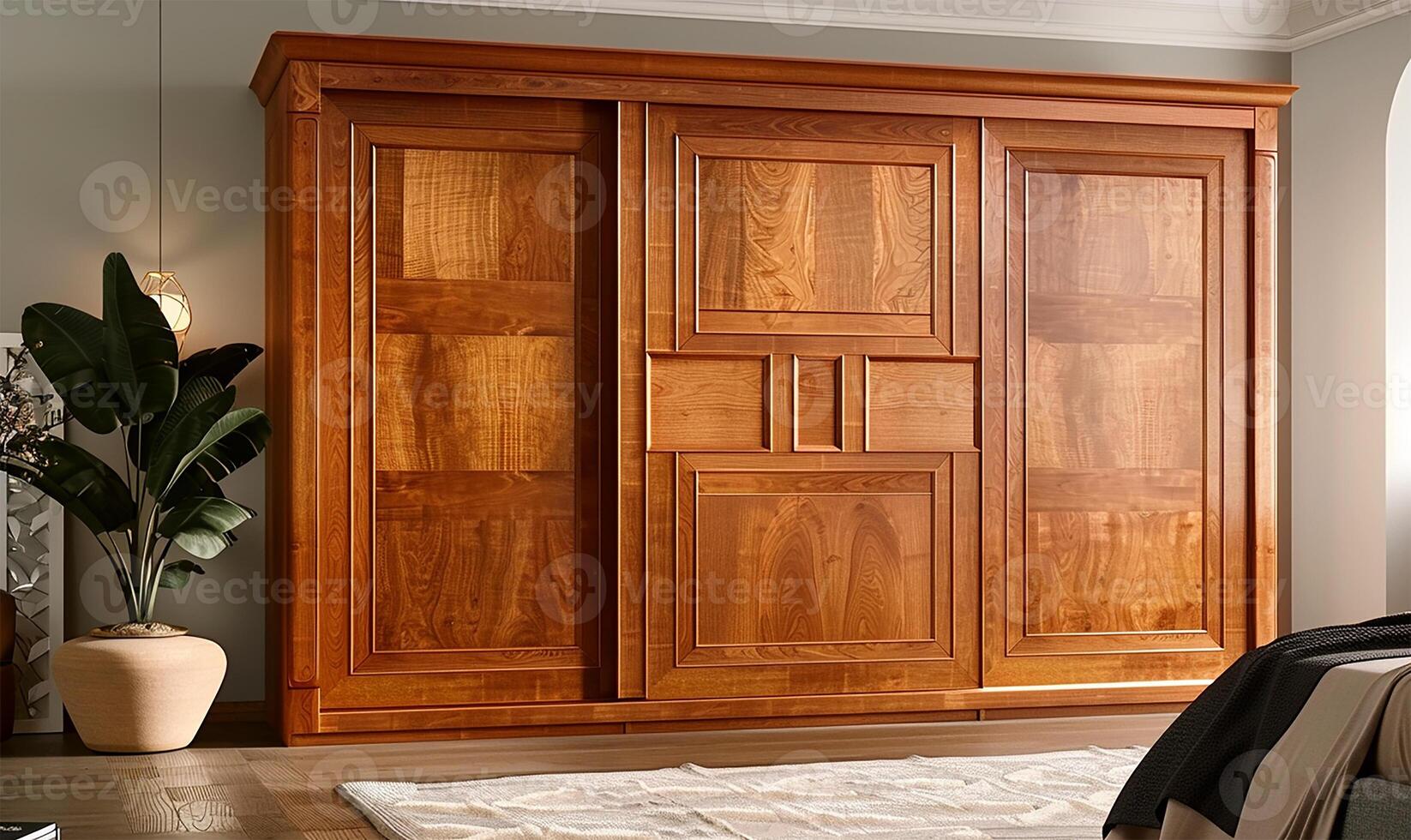 ai generato minimalista moderno Camera da letto in mostra un' elegante di legno armadio con scorrevole porte. foto