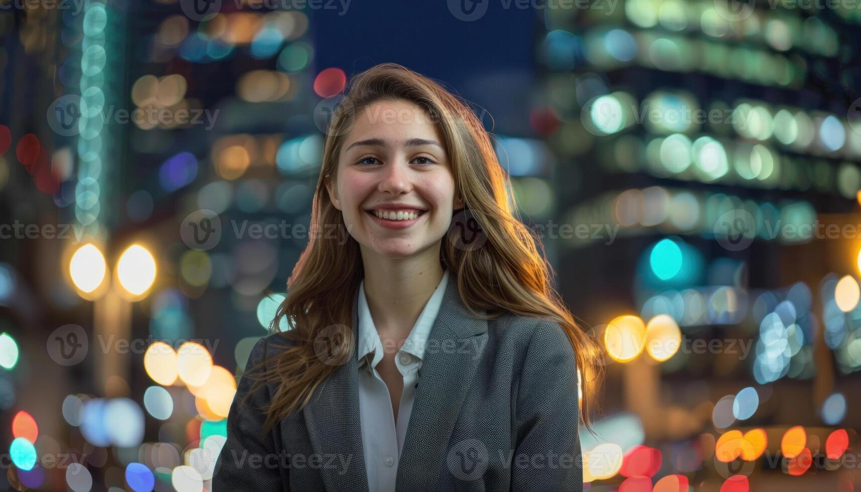 ai generato urbano sera diletto sorridente donna con città luci foto