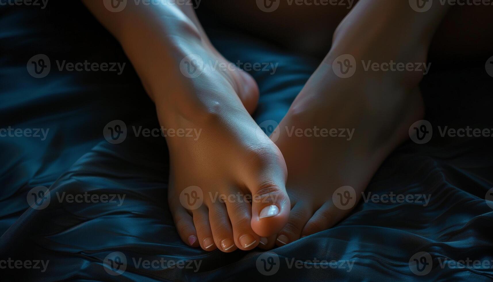 ai generato sereno sonno avvicinamento di spoglio piedi nel letto foto