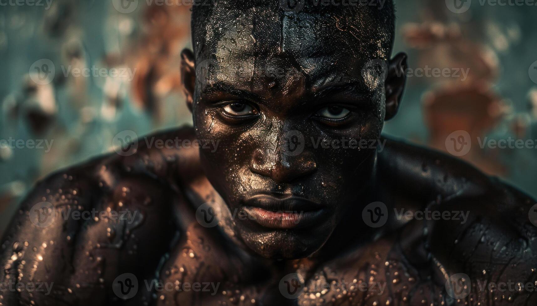 ai generato intenso sguardo uomo con acqua goccioline su pelle foto