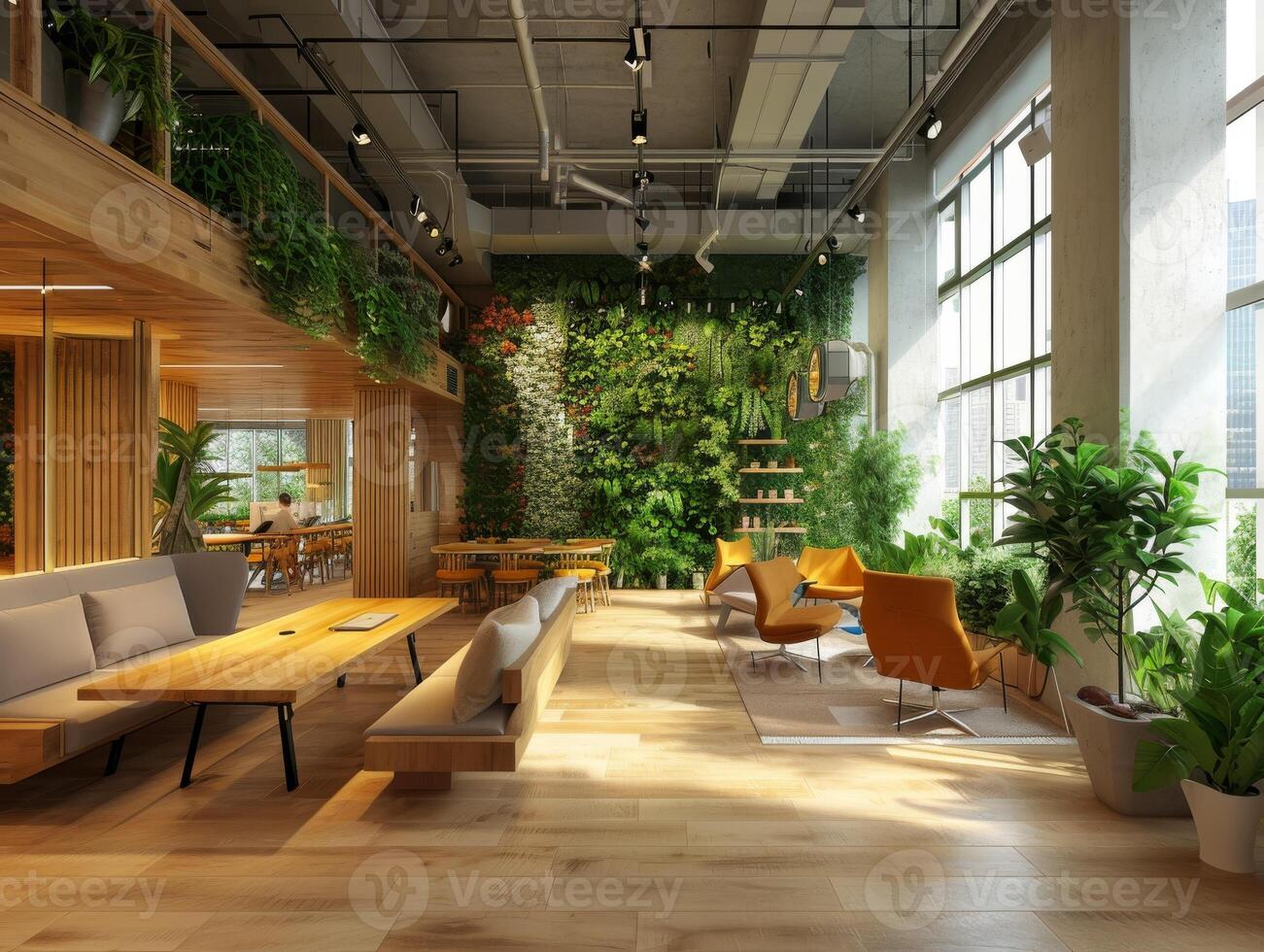 ai generato un' moderno co-working spazio con biofilo design elementi, Compreso vivente pianta muri, naturale legna Accenti foto