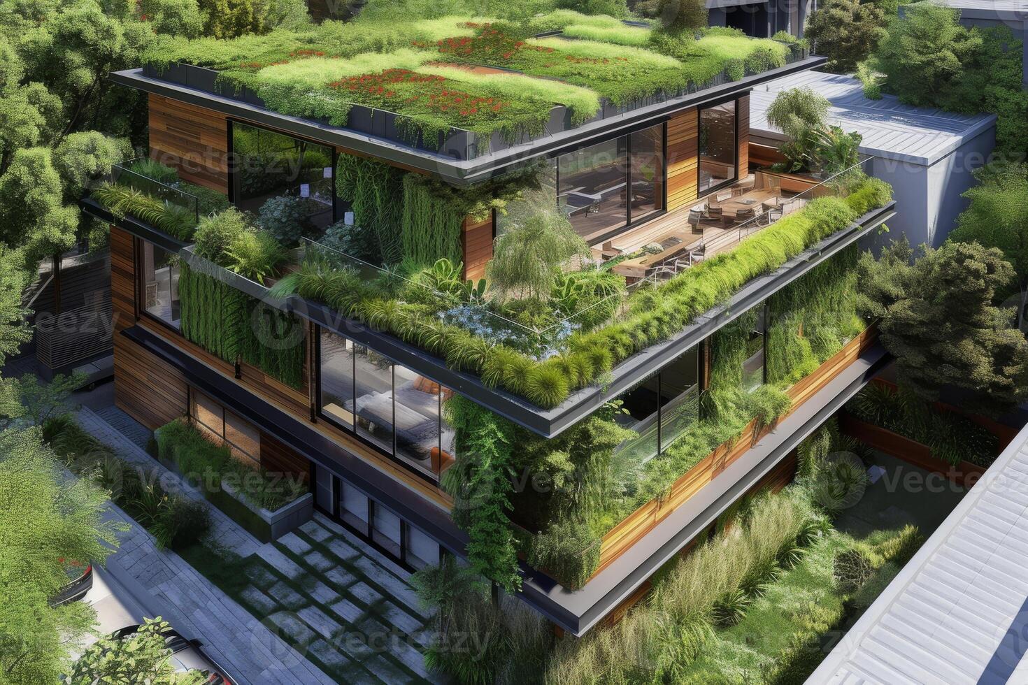 ai generato un' sostenibile urbano casa esterno foto