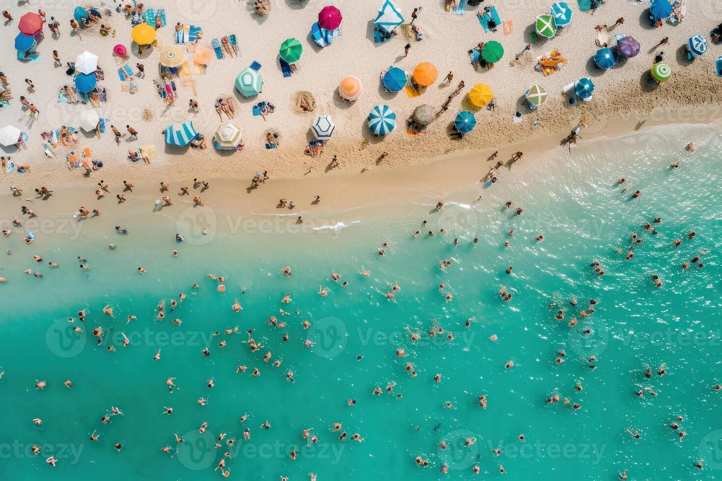 ai generato panoramico aereo Visualizza affollato spiaggia. creare ai foto