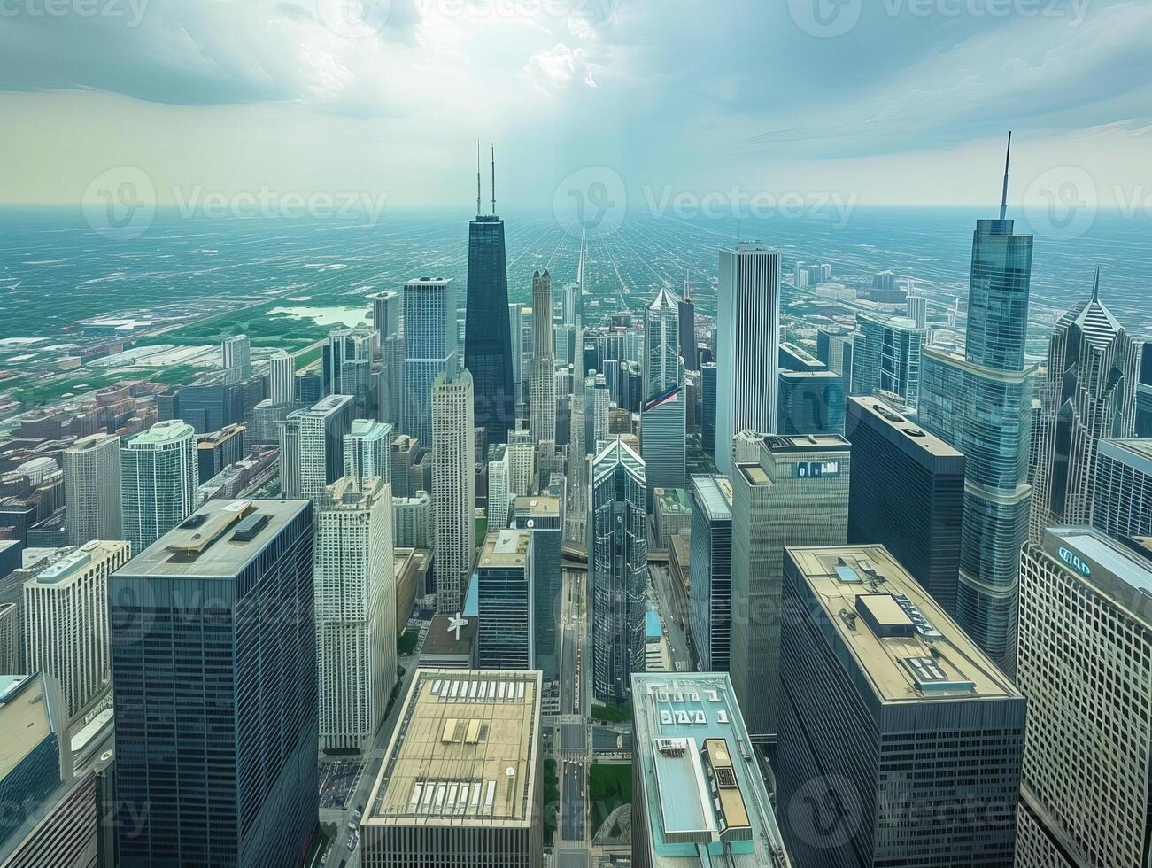 ai generato un' panoramico Visualizza di un' vivace città orizzonte, con torreggiante grattacieli, occupato strade foto
