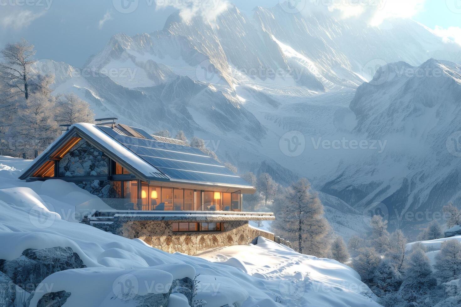 ai generato un eco sciare chalet annidato nel il montagne foto