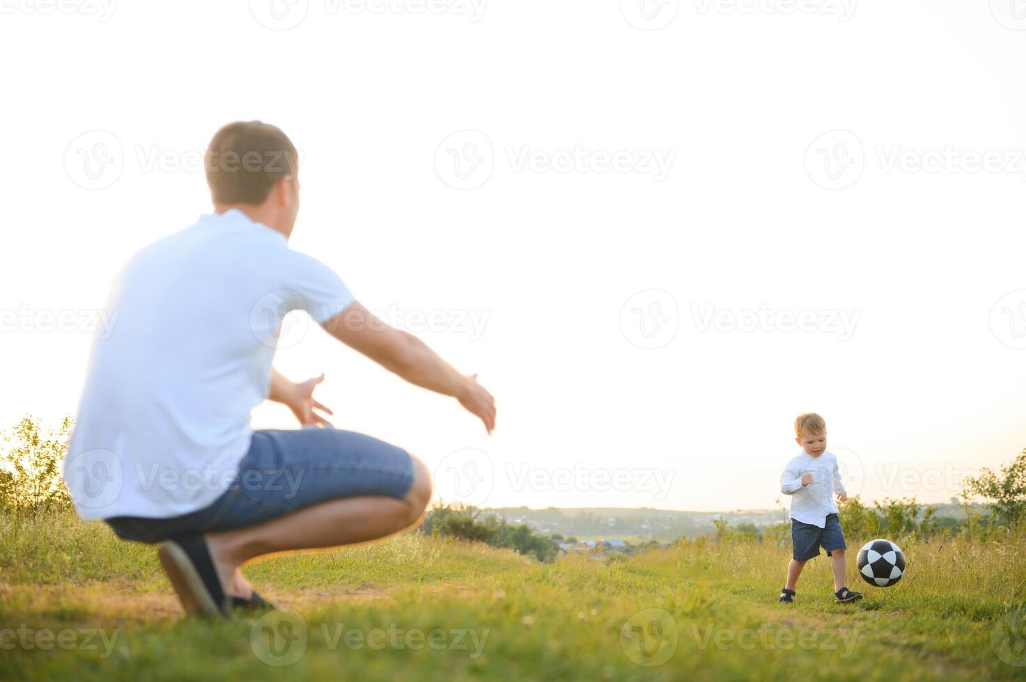 padre con un' poco figlio giochi calcio su il verde erba nel il parco. contento famiglia avendo divertimento e giocando calcio su un' verde erboso prato su un' soleggiato giorno. famiglia concetto, Il padre di giorno foto