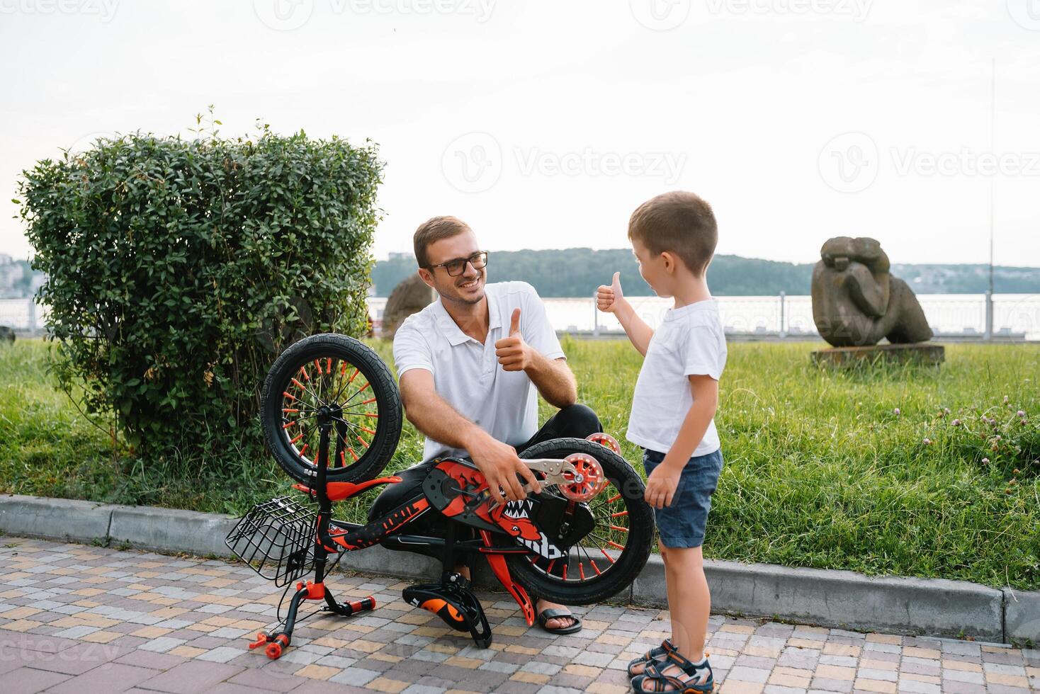 contento padre e il suo figlio avendo divertimento insieme a il verde parco, fissaggio bicicletta insieme. Il padre di giorno. foto