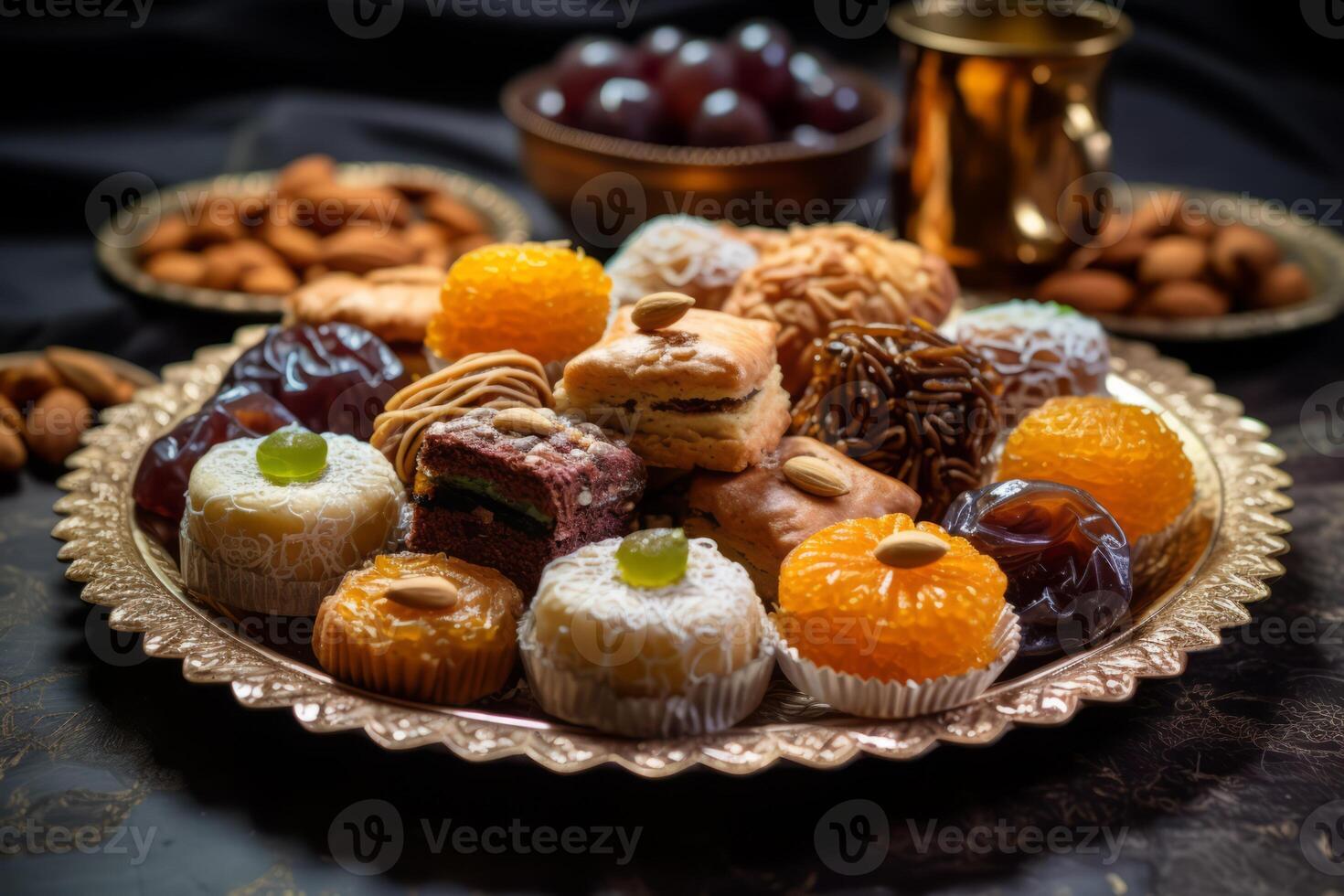 ai generato un' piatto di delizioso Arabo dolci per eid. generativo ai foto