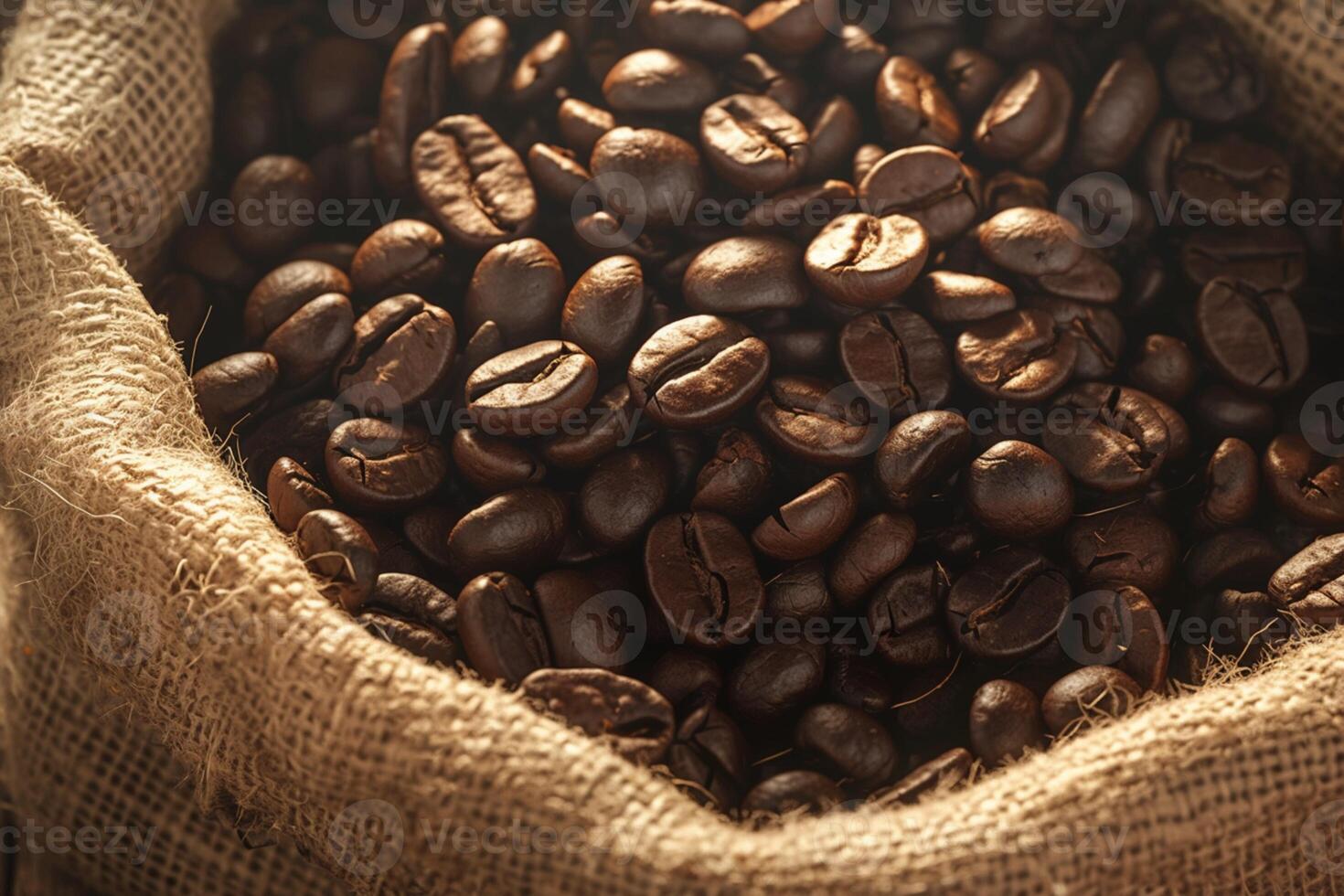 ai generato caffè fagioli vicino su tela ruvida Borsa su di legno sfondo, ricco aroma foto