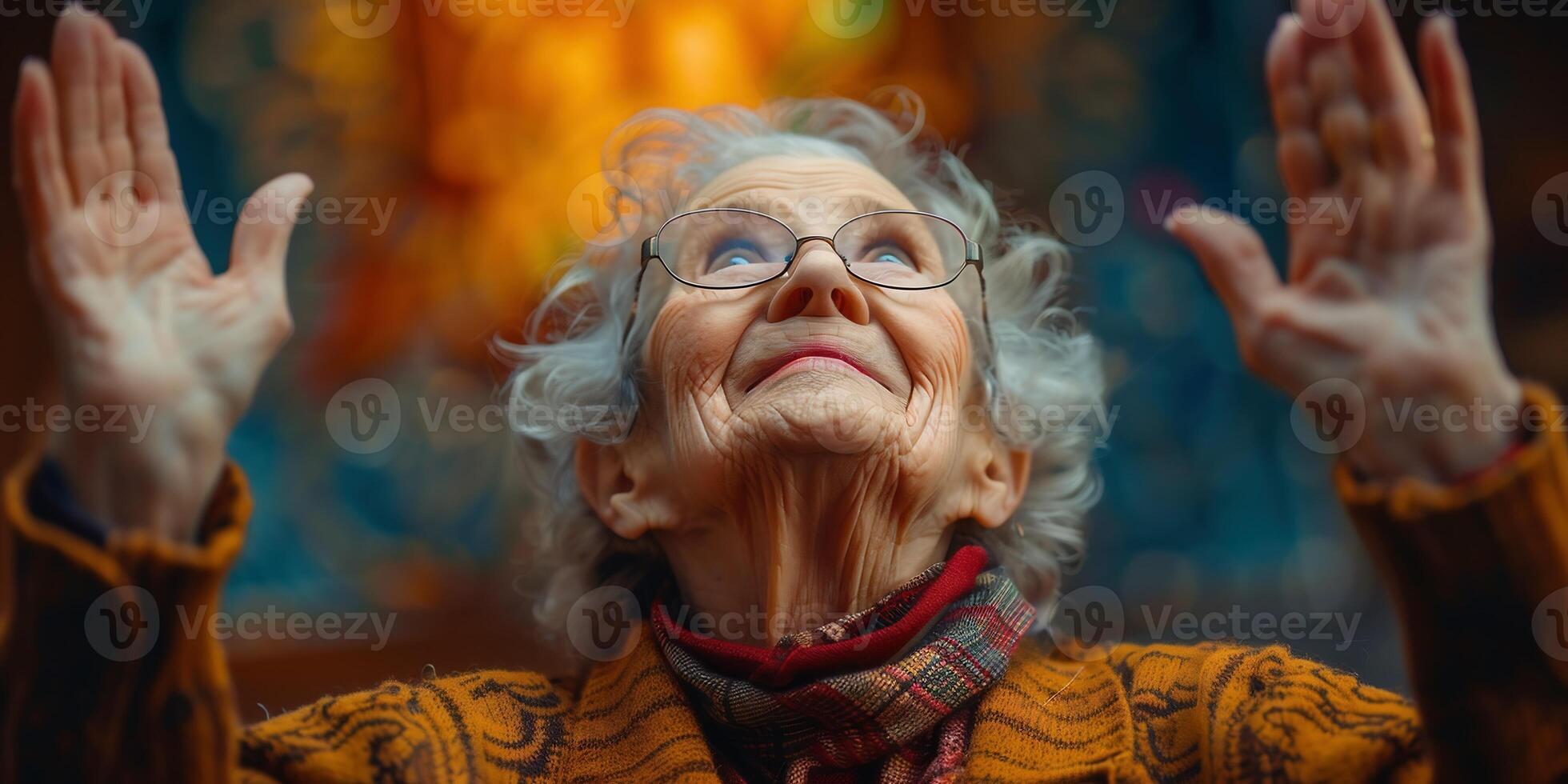 ai generato anziano donna mani preghiere con pace di mente e fede. foto