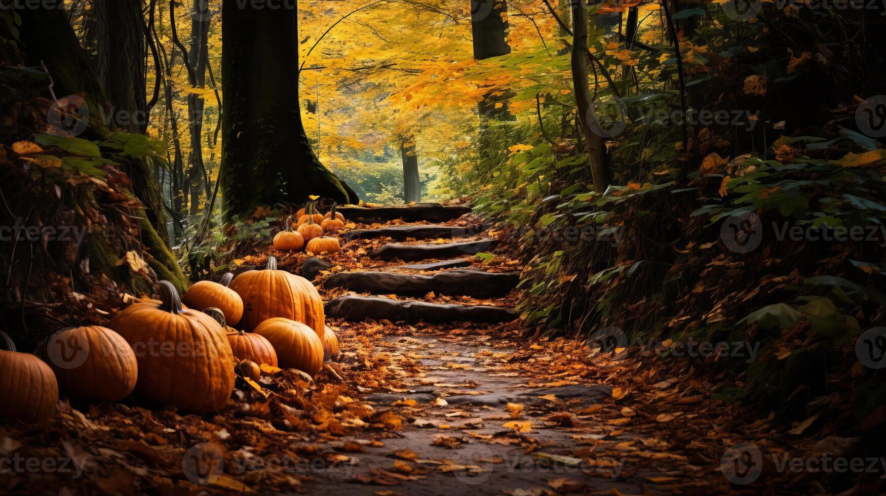 ai generato autunnale escursioni a piedi pista con zucche sbirciando su a partire dal sotto caduto foglie, invitante spettatori per abbraccio il bellezza di natura durante il stagione. generativo ai foto