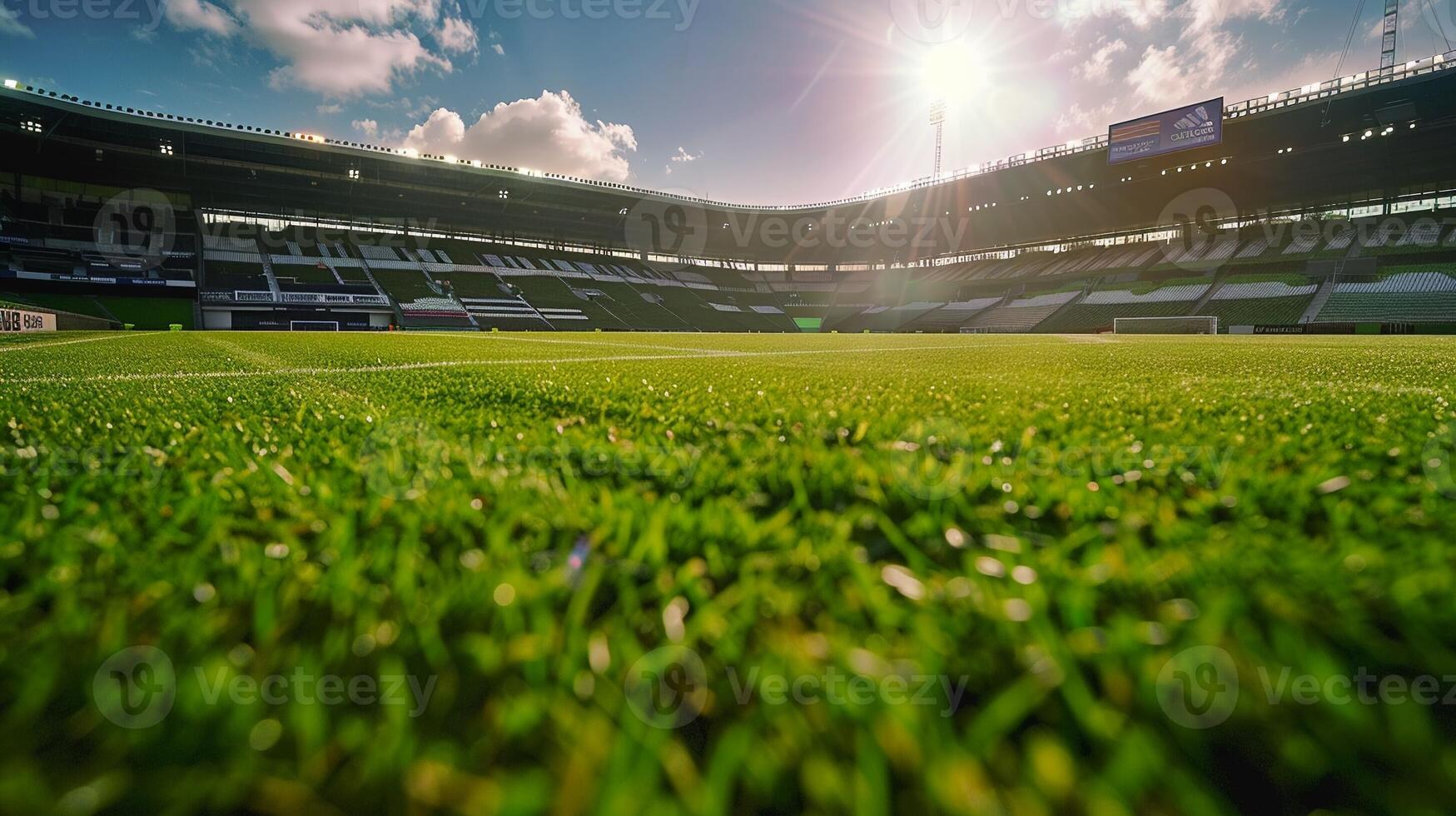 ai generato un' lussureggiante verde calcio campo nel un' stadio crogiolato nel luce del sole foto