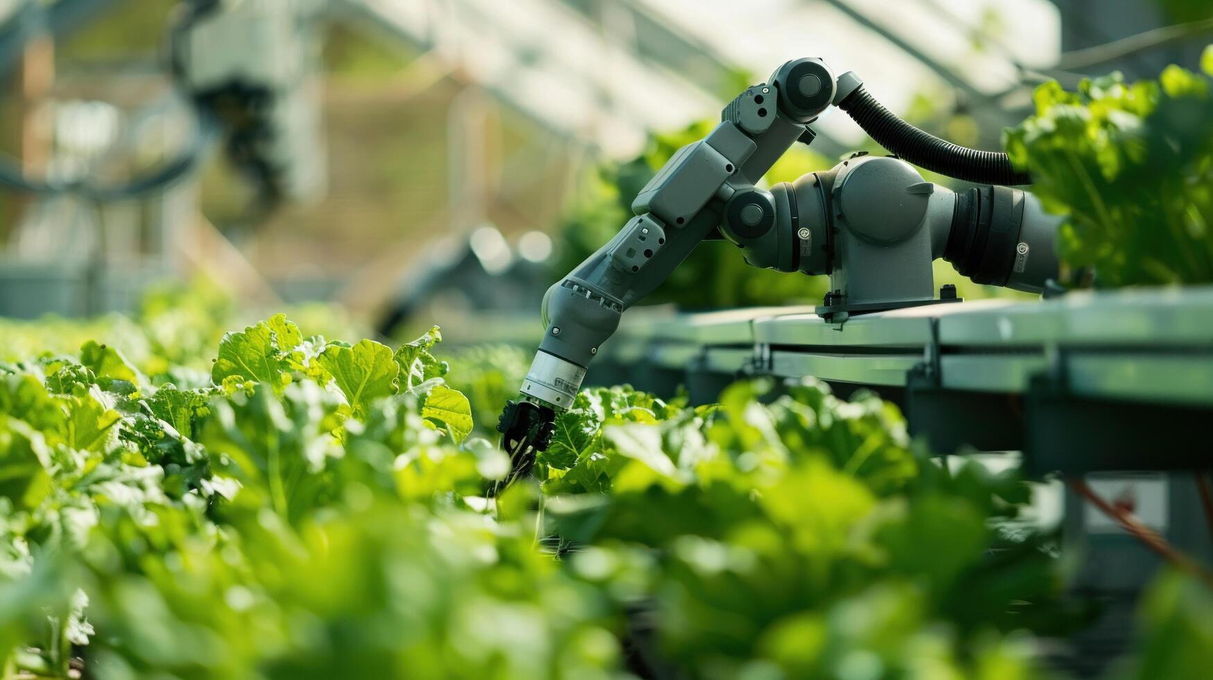 ai generato un' inteligente agricoltura agricolo tecnologia robotica braccio raccolta nel un' serra. foto