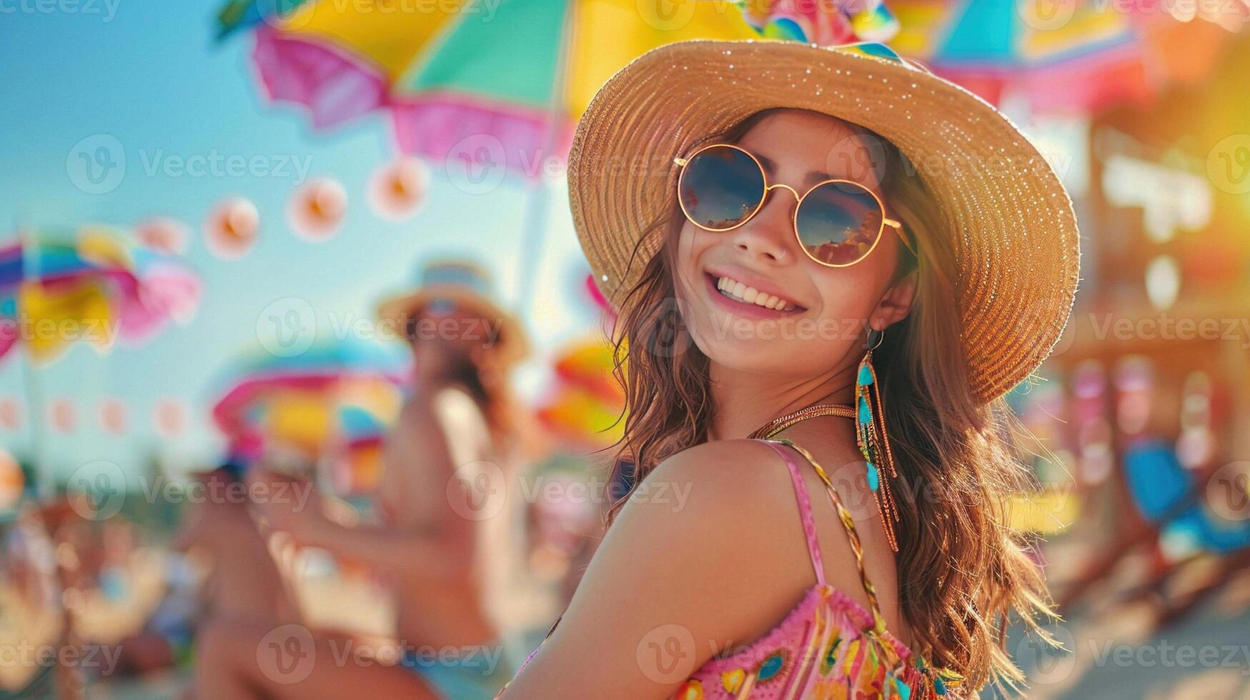 ai generato un' alla moda giovane donna nel di moda abbigliamento Impressionante un' posa a un' colorato spiaggia festa. foto