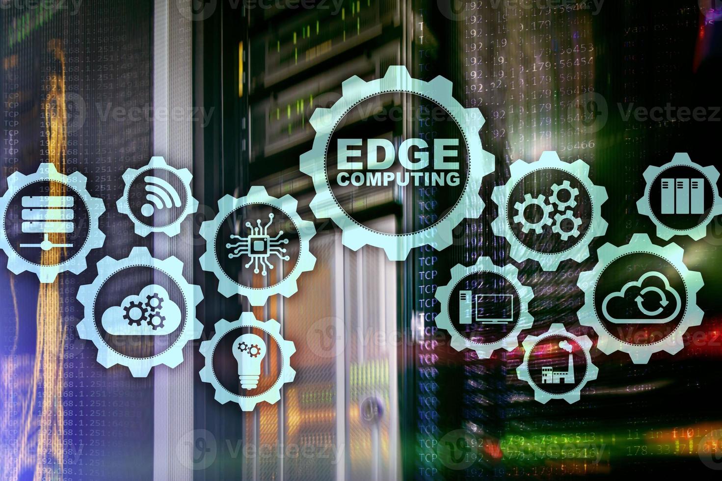 edge computing sullo sfondo della moderna sala server. tecnologia dell'informazione e concetto di business per servizi di calcolo distribuito ad alta intensità di risorse foto