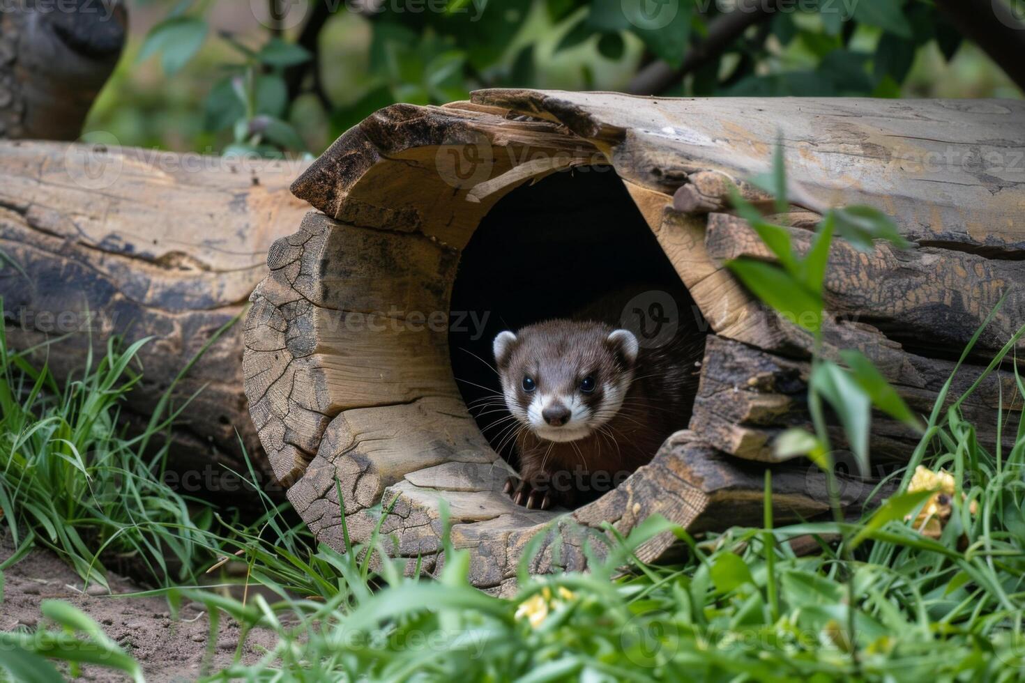 ai generato curioso furetto sbirciando a partire dal un' tunnel log in mezzo natura e natura foto