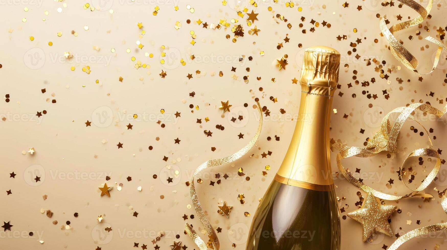 ai generato un' Champagne bottiglia elegantemente decorato con scintillante coriandoli stelle e vivace festa filanti impostato contro un' lussuoso oro sfondo foto