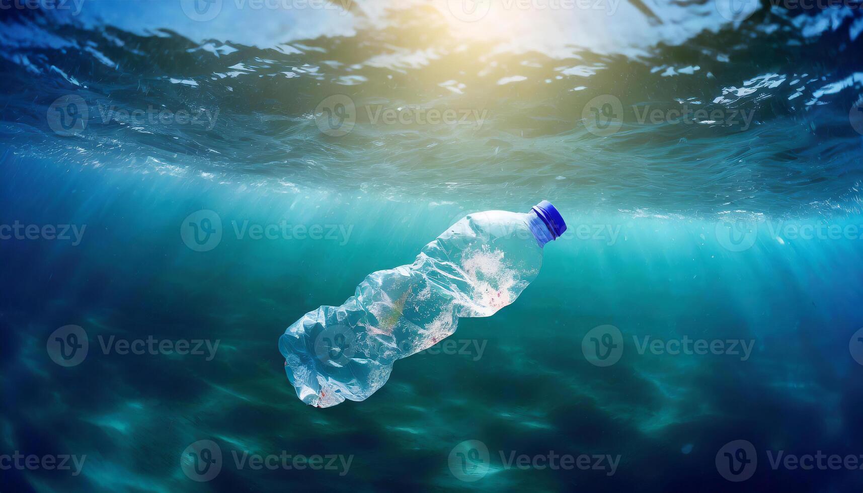 ai generato un' plastica bottiglia galleggia nel chiaro blu oceano acqua, illuminato di luce del sole, con un' lussureggiante verde isola e nuvoloso cielo nel il sfondo. foto