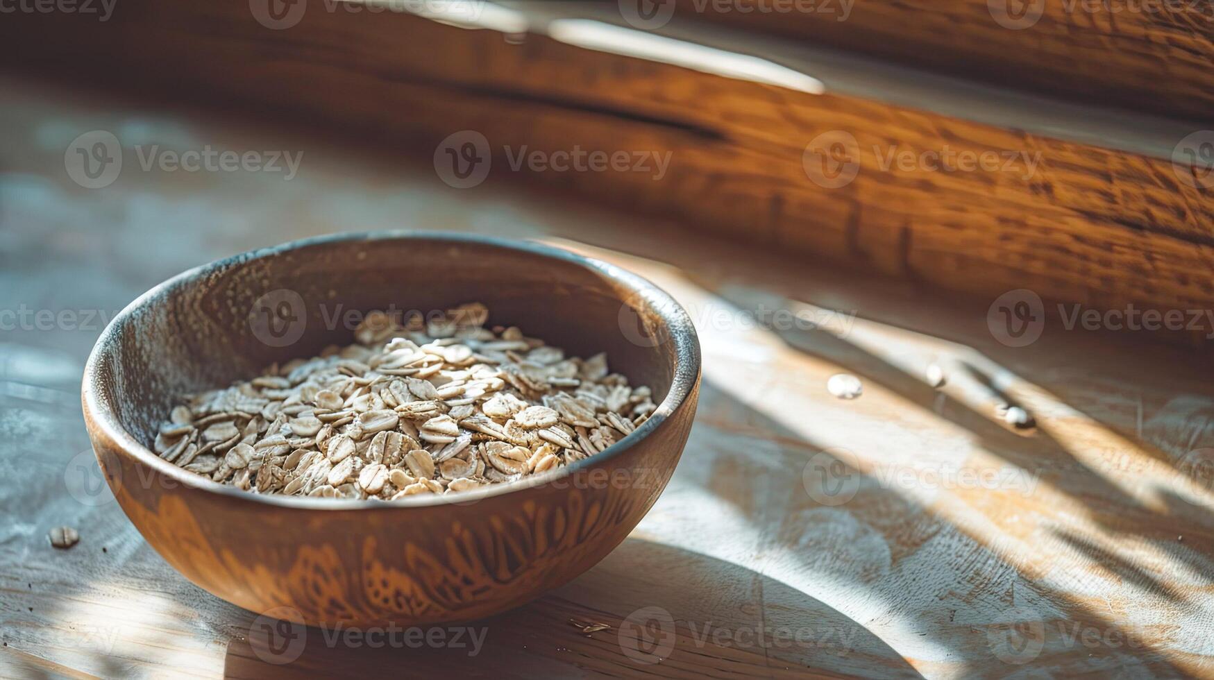 ai generato fiocchi d'avena e cereali nel rustico ciotola. retrò piatto con naturale cibo. concetto di salutare nutrizione, villaggio e naturalezza. ai generato foto