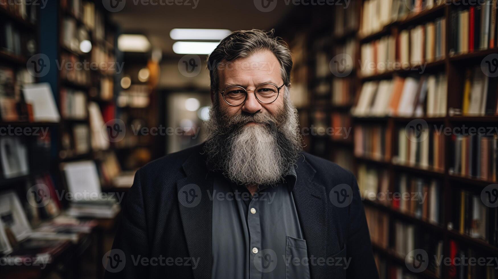 ai generato proprietario di libreria. ritratto di rispettabile adulto uomo con barba. classico buio interno. piccolo attività commerciale. libri su il scaffali. ai generato foto