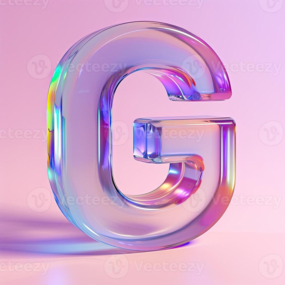 ai generato lettera g, trasparente bicchiere effetto. alfabetico rosa neon font. ai generato. lucido tipografico cartello con plastica viola riflessione foto