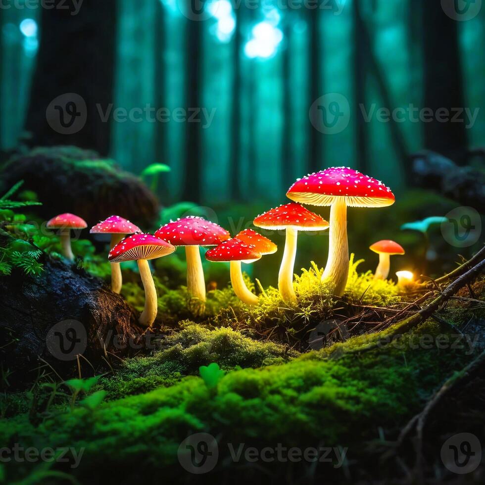 ai generato raggiante piccolo funghi nel un' mistico fantasia foresta con copia spazio la zona foto