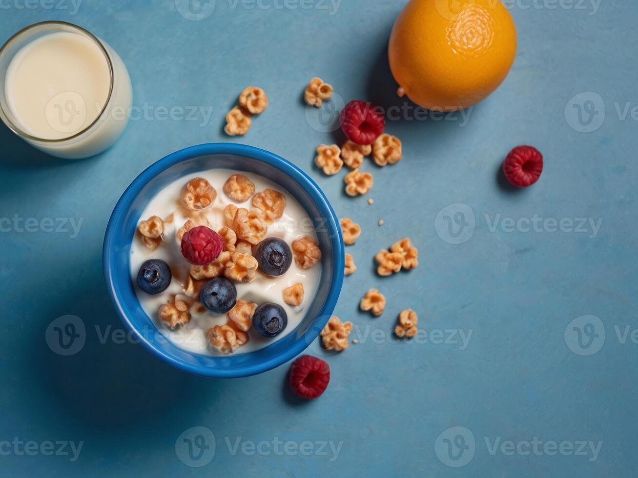 ai generato prima colazione pasto con spruzzo di latte su un' cereale nel il blu ciotola su leggero colore sfondo foto