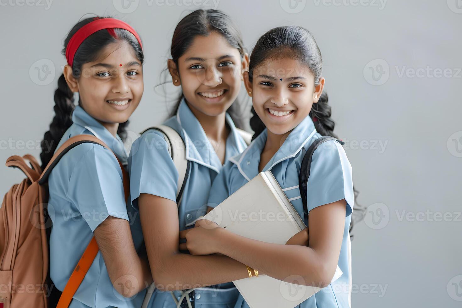 ai generato gruppo di indiano studentesse in posa con braccia attraversato su bianca sfondo foto