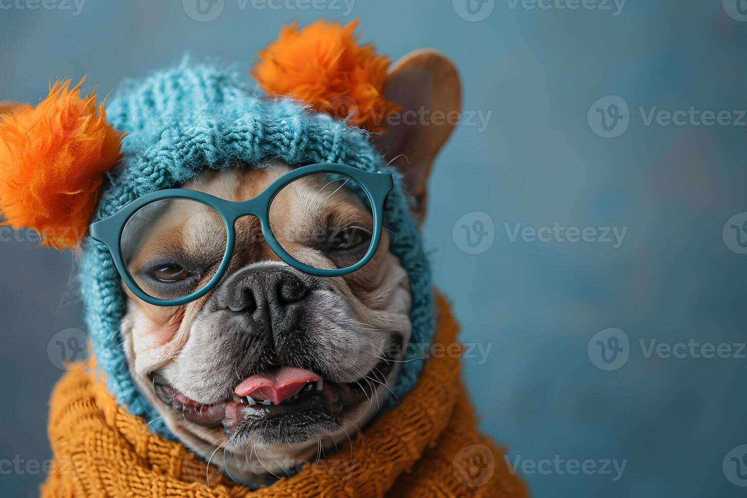 ai generato cane indossare bicchieri e a maglia cappello generativo ai foto