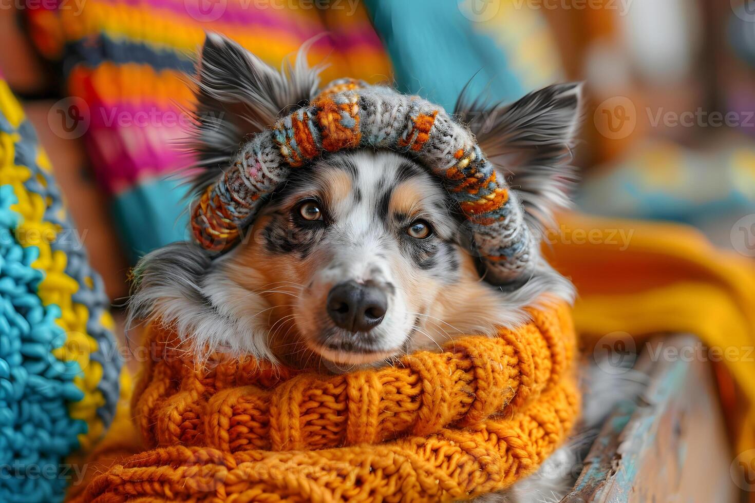ai generato cane indossare a maglia cappello e sciarpa generativo ai foto