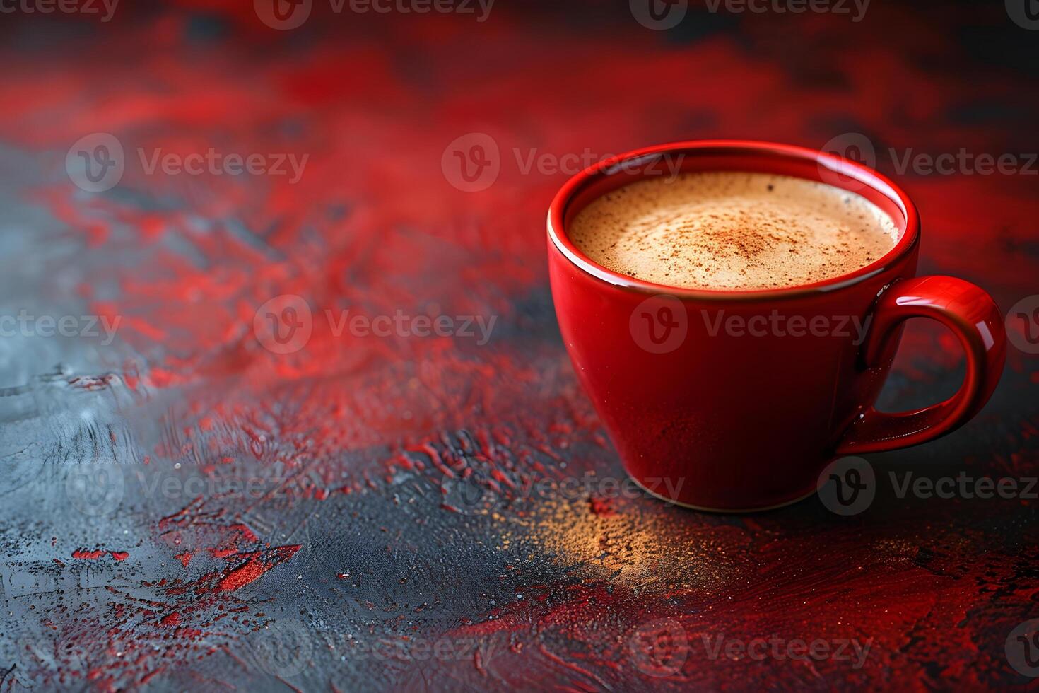 ai generato rosso tazza di caffè su tavolo generativo ai foto