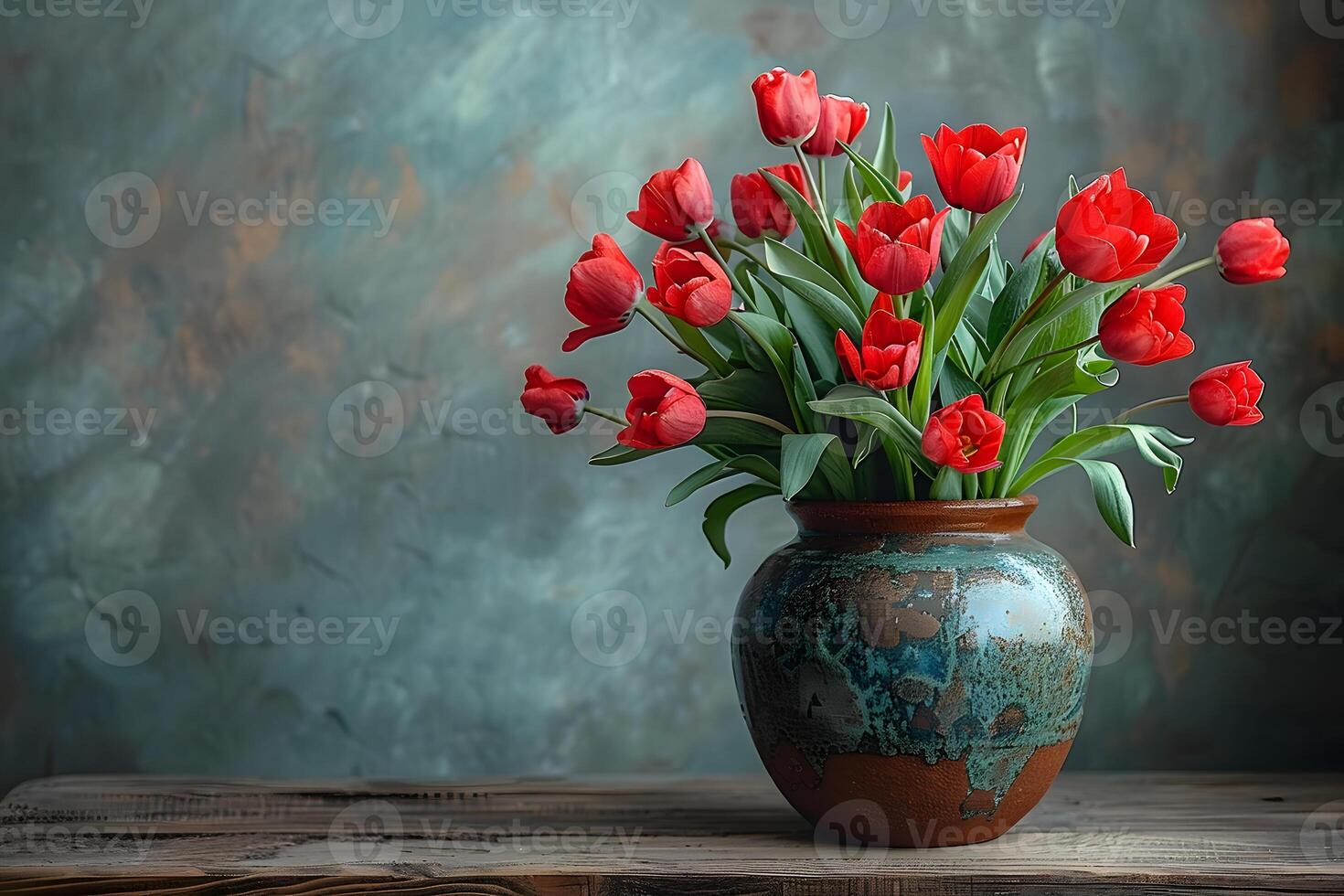 ai generato vaso pieno con rosso fiori su di legno tavolo generativo ai foto