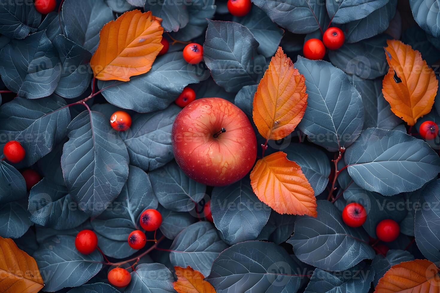 ai generato rosso Mela circondato di le foglie e frutti di bosco generativo ai foto